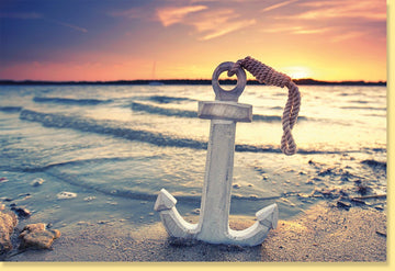 Blankokarte maritim mit Anker am Strand Sonnenuntergang Doppelkarte für Grüße persönliche Botschaften hochwertige Grußkarte Meer Motiv