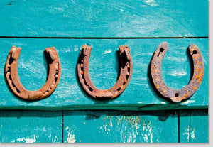 Blankokarte mit Hufeisen & Holzoptik - Vintage Shabby Chic in Türkis-Grün, Perfekt für Pferdefans & Gartenliebhaber als Deko oder Geschenk.