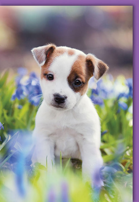 Blankokarte mit niedlichem Welpen im Blumenfeld – perfekt für Hochzeiten und besondere Anlässe