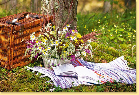 Blankokarte mit Picknickkorb - Motiv, Blumenstrauß & Naturdesign – Ideal für Frühlings - & Sommerausflüge, Entspannung & Freizeit