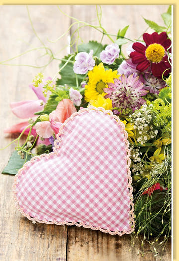 Blankokarte mit Stoff - Herz, Blumenmotiv – Vintage Design in Rosa für Liebe & Freundschaft, Dankeschön, Muttertag, Valentinstag