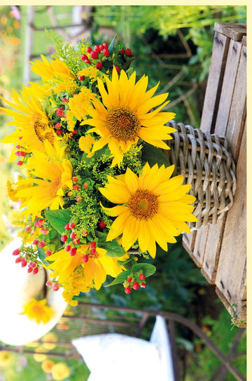 Blankokarte Sonnenblumen im Korb mit roten Beeren und Sommerwiese hochwertige Doppelkarte für persönliche Grüße Doppelkarte Naturmotiv