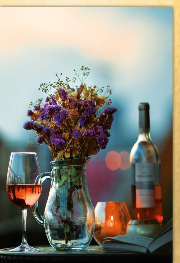 Blankokarte: Sonnenuntergang & Wein, Romantische Trockenblumen, Naturfotografie Geschenk