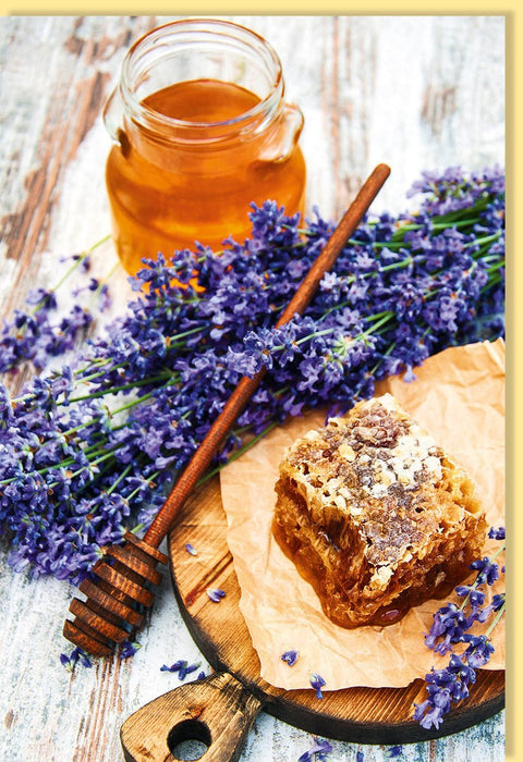 Blankokarte "Süße Natur": Honigglas, Blumen & Kuchen - Rustikales Design in Lila & Gelb aus Imkerei - Produkten
