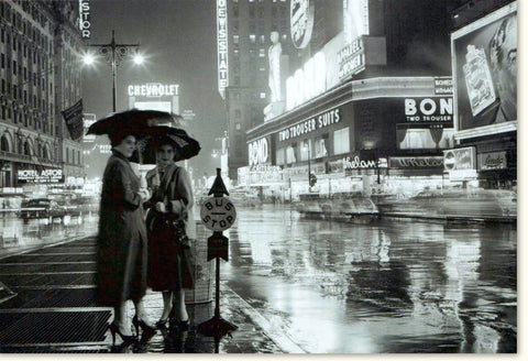 Blankokarte "Times Square bei Nacht" - Vintage NYC Schwarz - Weiß Fotografie, Urbanes USA Flair mit Paar & Regenschirm, Historische Beleuchtung