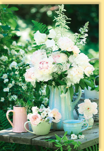 Blankokarte Vintage Blumen: Pastellfarbene Naturmotive für Gartenliebhaber, ideal als romantische Tischdeko oder Geschenk in Rosa, Grün & Weiß