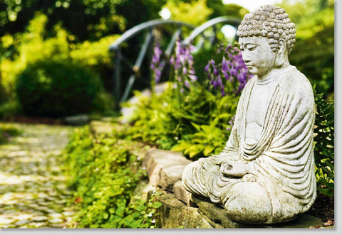 Blankokarte "Zen - Garten Ruhe": Blumen & Buddha für Meditation, Naturdesign fördert Harmonie & Frieden, ideal für Wellness & Gartenkunst