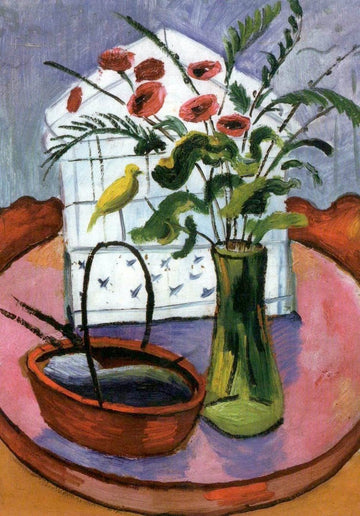 Blankopostkarte - August Macke "Vogelkäfig und Blumen", Farbenfrohes Expressionismus - Stillleben, Vintage Sammlerstück zur Dekoration