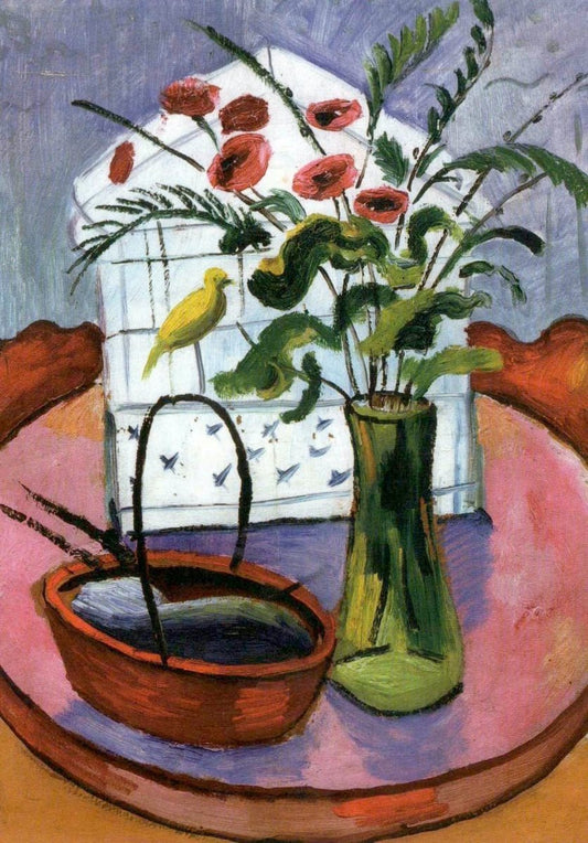 Blankopostkarte - August Macke "Vogelkäfig und Blumen", Farbenfrohes Expressionismus - Stillleben, Vintage Sammlerstück zur Dekoration