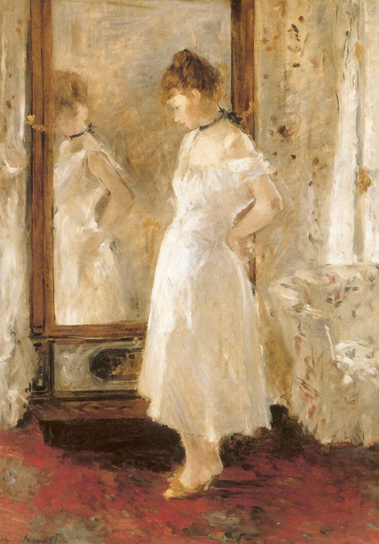 Blankopostkarte Berthe Morisot Psyche Spiegel - Impressionistische Kunst für Sammler & Liebhaber | Frau im Weißen Kleid Reflektion Vintage Innenraum