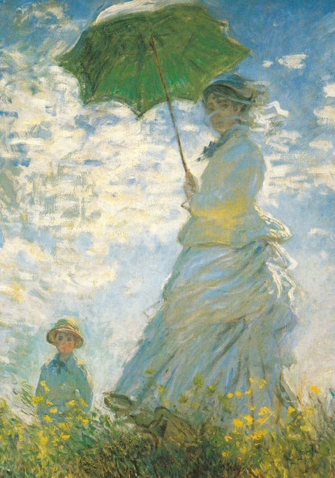 Blankopostkarte - Claude Monet Meisterwerk, Frau mit Kind und Schirm in grüner Natur