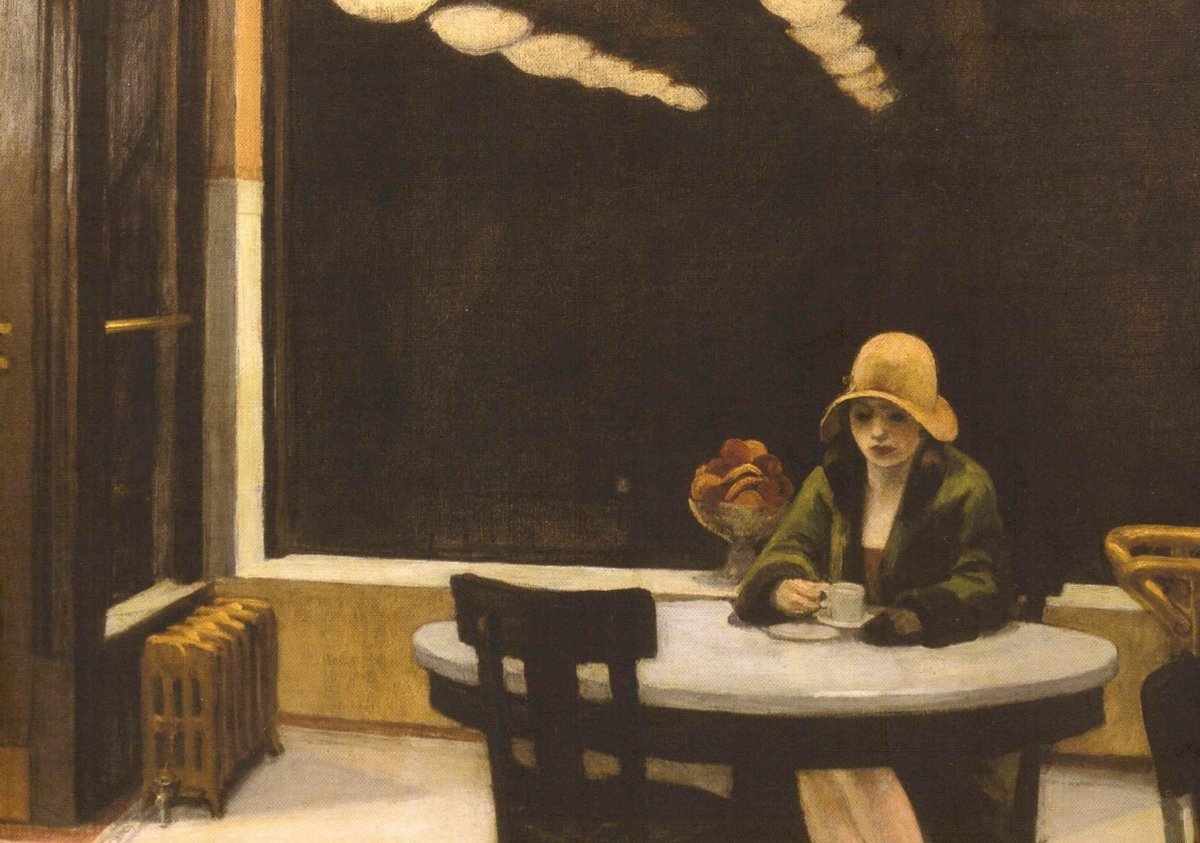 Blankopostkarte "Edward Hopper Automat" – Vintage Café - Szene mit einsamer Frau, gelbem Hut & grünem Mantel, Retro - Kunst des 20. Jahrhunderts