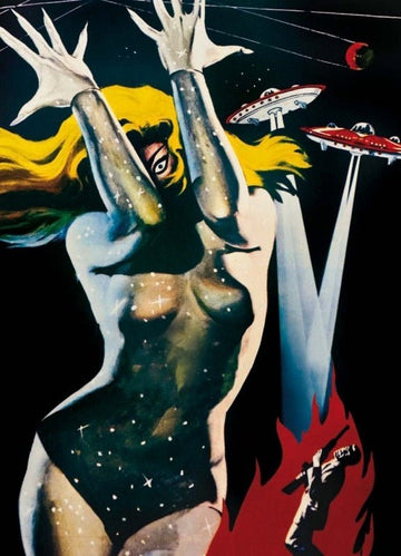 Blankopostkarte – Retro Sci - Fi Monster & UFO, B - Movie Kunst, Kultiges Sammlerstück & Geschenk für Nostalgie - Liebhaber