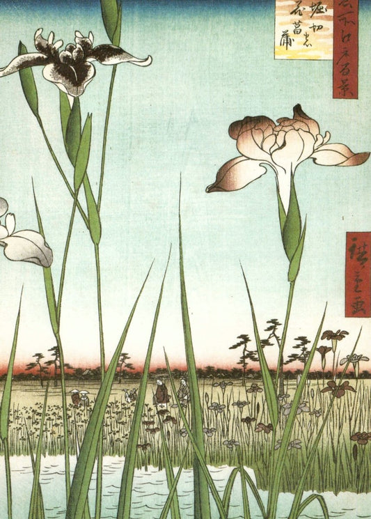 Blankopostkarte Ukiyo - e Ando Hiroshige - Japanische Kunst, Iris Garten Motiv, Vintage Holzschnitt für Sammler & Deko, Retro Asien Flair