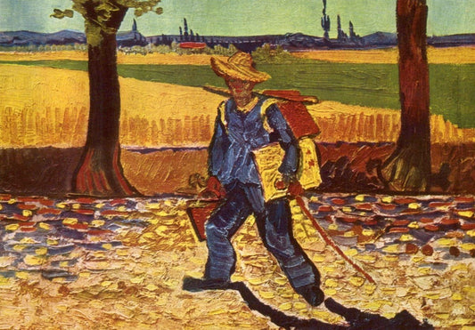 Blankopostkarte - Van Gogh Kunstwerk, Impressionismus, Vintage Gemälde, Museum Qualität, Farbenfrohe Landschaft mit Bauernhof und Bäumen
