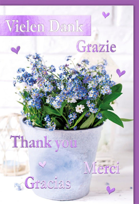 Blumige Danksagungskarte - Herzlichen Dank in verschiedenen Sprachen, Bunte Karte für Freunde & Familie, Wertschätzung im blauen & lila Design
