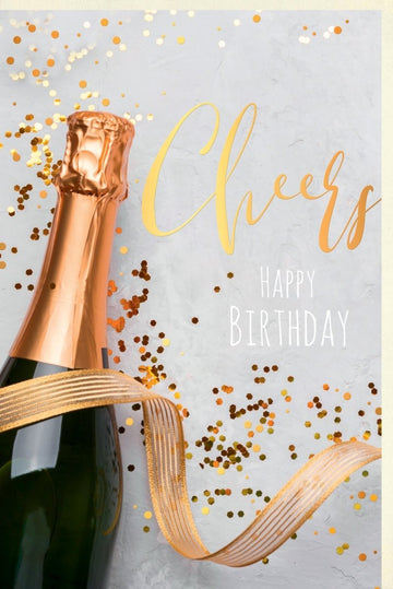 Business Geburtstagskarte - Stilvolle Cheers Karte mit Sektflasche & Gold Konfetti für elegante Gratulationen