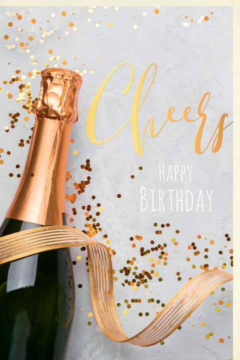 Business Geburtstagskarte - Stilvolle Cheers Karte mit Sektflasche & Gold Konfetti für elegante Gratulationen