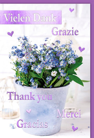 Dankeskarte "Florale Vielfalt" – Mehrsprachiges Vergissmeinnicht - Design in Lila & Blau, Topfpflanze, Gracias/Grazie/Merci