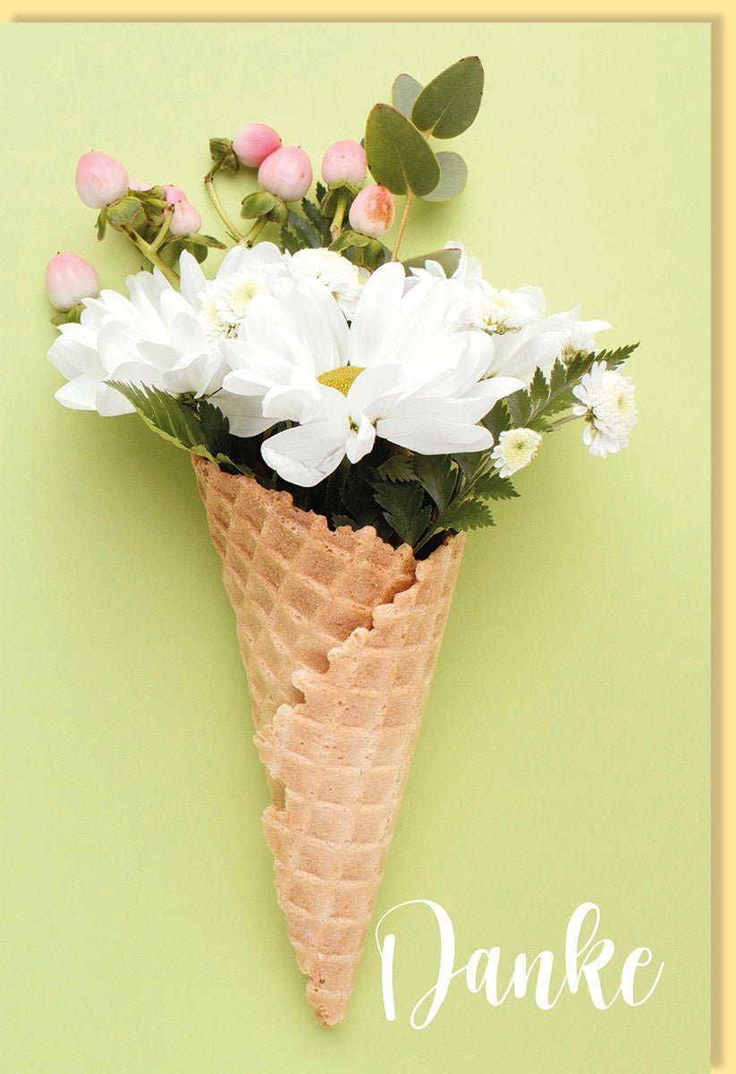 Dankeskarte mit Blumen & Eishörnchen - Kreative Grußkarte in Gelb, Weiß, Grün mit Eukalyptus und Margeriten Design