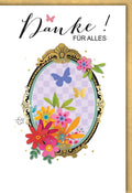 Dankeskarte mit Blumen & Schmetterlingen - Elegante Karte im Goldrahmen, Handlettering für Wertschätzung