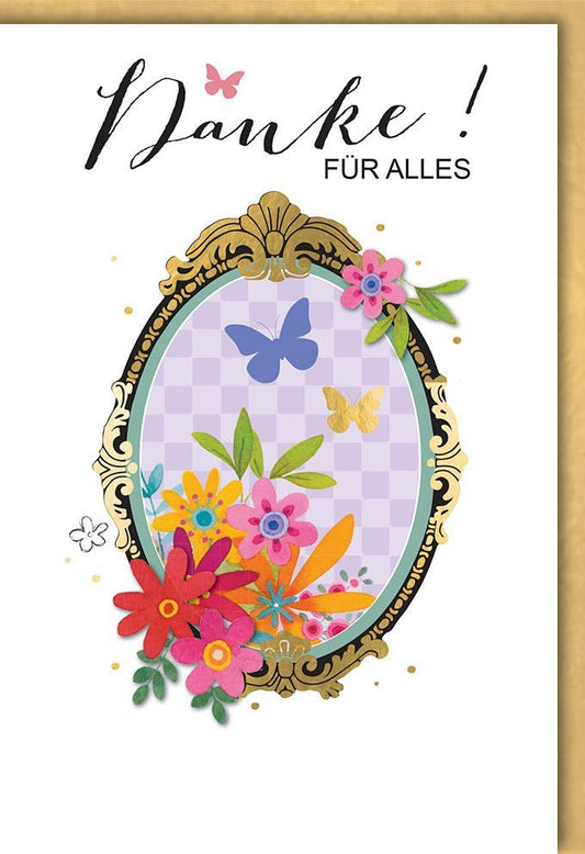 Dankeskarte mit Blumen & Schmetterlingen - Elegante Karte im Goldrahmen, Handlettering für Wertschätzung