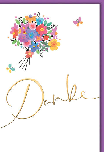 Danksagungskarte Blumenstrauß – Bunte Blüten mit Schmetterlingen und Goldschrift