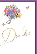 Danksagungskarte Blumenstrauß – Bunte Blüten mit Schmetterlingen und Goldschrift