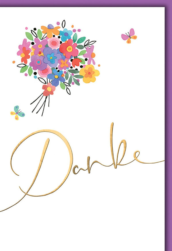 Danksagungskarte Blumenstrauß – Bunte Blüten mit Schmetterlingen und Goldschrift