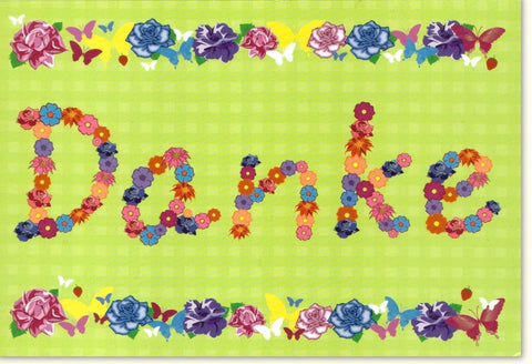 Danksagungskarte "Blumiger Gruß" - Elegante Karte mit Blumen, Schmetterlingen & Grün | Farbenfrohes Design für besondere Anlässe