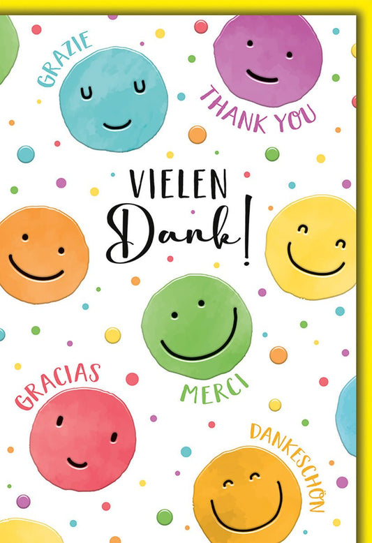 Danksagungskarte Bunt – Fröhliche Smileys mit Dankesworten in verschiedenen Sprachen