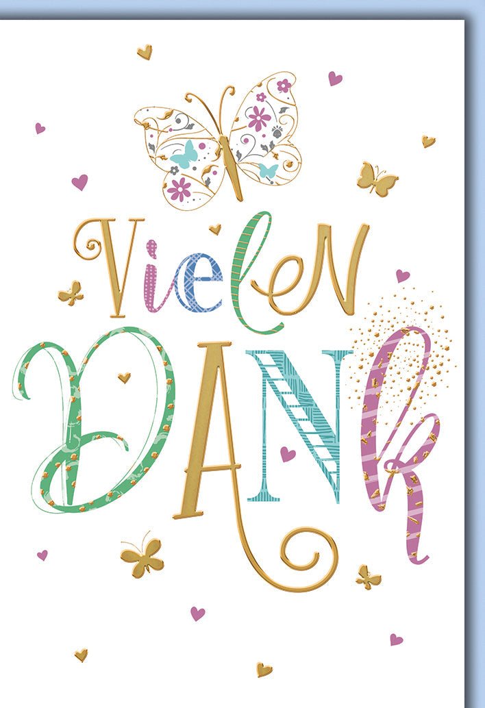 Danksagungskarte Bunt – Schmetterling mit verspielten Buchstaben und Herzmotiven