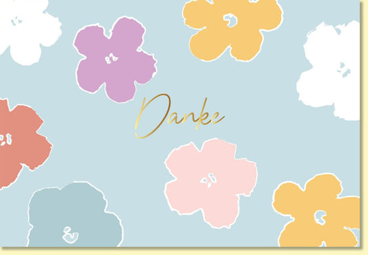 Danksagungskarte Danke mit bunten Blumen auf hellblauem Hintergrund moderne Grußkarte hochwertiges Papier für persönliche Botschaften