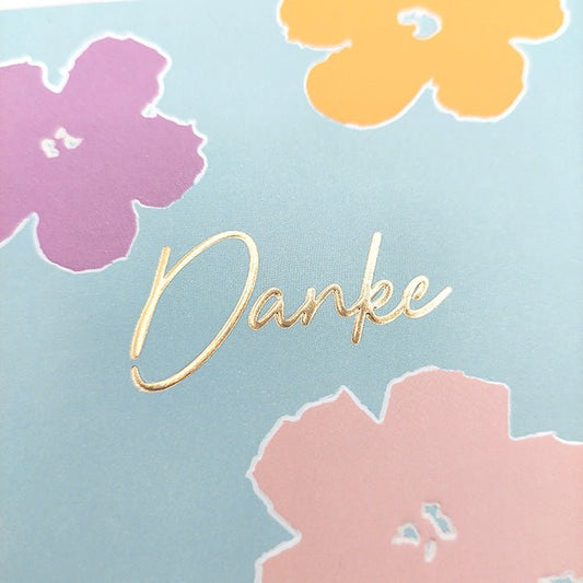 Danksagungskarte Danke mit bunten Blumen auf hellblauem Hintergrund moderne Grußkarte hochwertiges Papier für persönliche Botschaften