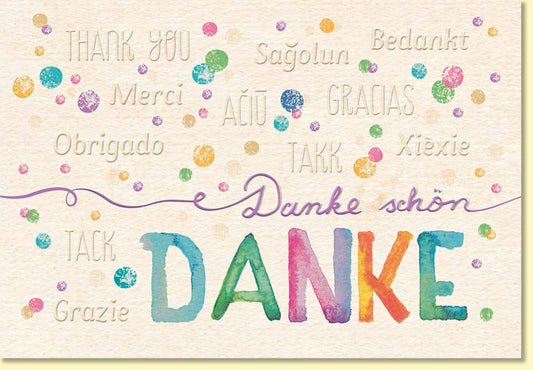 Danksagungskarte Danke schön bunte Grußkarte mit vielen Sprachen hochwertiges Design Doppelkarte Dankeschön multikulturell