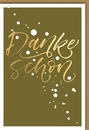 Danksagungskarte Elegant – Goldene Kalligrafie auf Olivgrün mit Spritzern