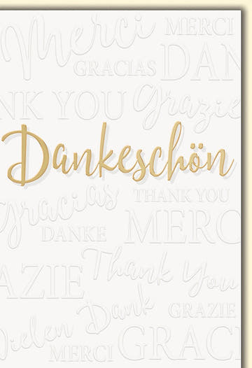 Danksagungskarte Elegant – Goldener Schriftzug mit mehrsprachigem Hintergrundmuster
