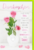 Danksagungskarte: Elegantes Blumen- und Vasenmotiv in Rosa/Weiß mit Herzdesign auf Holzoptik