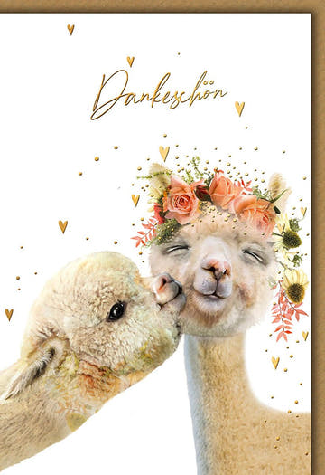 Danksagungskarte Freunde – Alpaka - Paar mit Blumenkranz und verspieltem Design