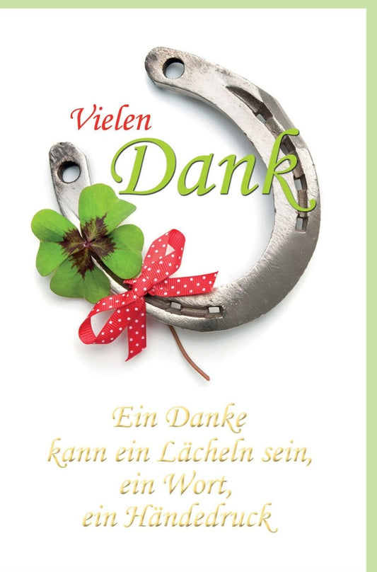 Danksagungskarte - Hufeisen & Kleeblatt Design mit grüner Schleife, Textbotschaft der Wertschätzung und Hoffnung