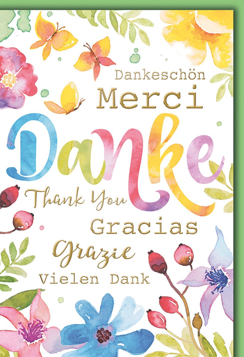 Danksagungskarte International – Bunte Blumen und Schmetterlinge in Aquarelloptik