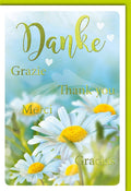 Danksagungskarte International – Bunte Margeriten mit 