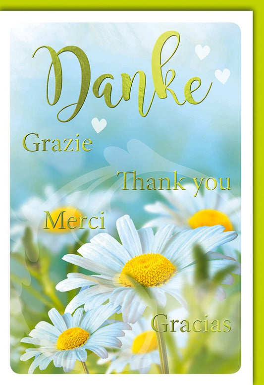 Danksagungskarte International – Bunte Margeriten mit "Danke" in fünf Sprachen