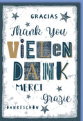 Danksagungskarte International – Bunte Schriftarten mit Sternen und Vintage-Look