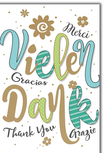 Danksagungskarte International – Bunte Schriftzüge mit Blumen und Goldakzenten
