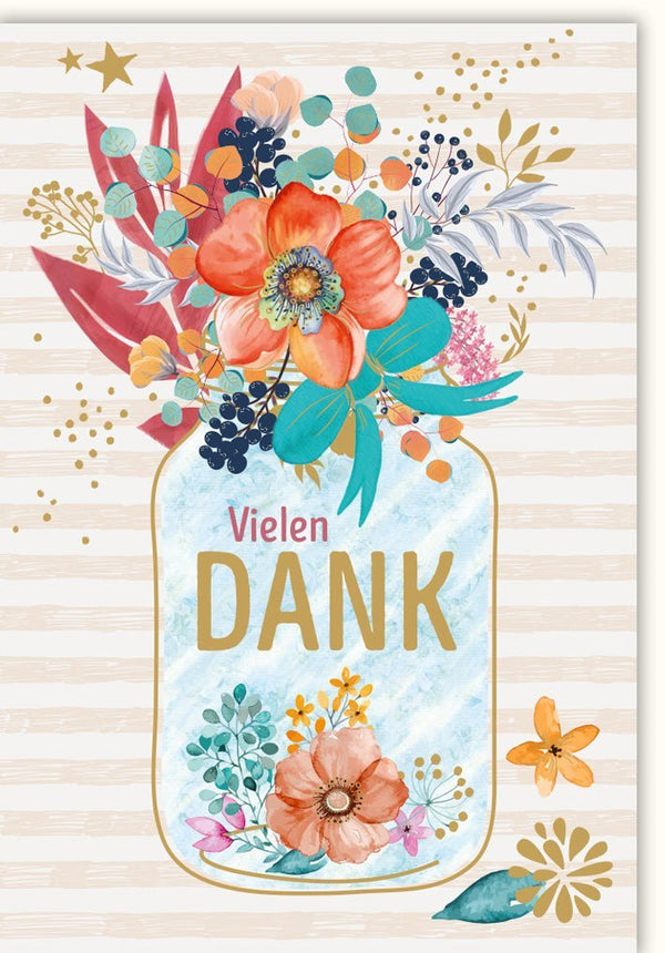Danksagungskarte mit Aquarell-Blumen und Streifen - Farbenfrohe Grußkarte für besondere Anlässe, Handlettering-Design, Ausdruck von Dankbarkeit