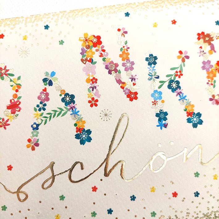 Danksagungskarte mit Blumenmotiv und Goldschrift farbenfrohe Doppelkarte Dankeschön Grußkarte für liebe Worte