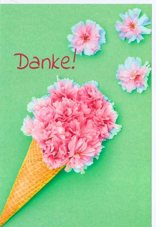 Danksagungskarte mit Blumenstrauß im Waffelhörnchen auf grünem Hintergrund liebevoll gestaltete Doppelkarte Danke Grußkarte