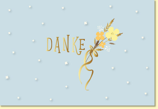 Danksagungskarte mit Blumenstrauß Motiv in Gold auf hellblauem Hintergrund liebevoll gestaltet hochwertige Grußkarte zum Danke sagen