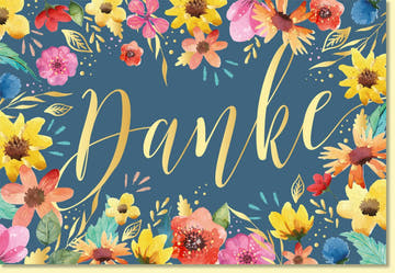 Danksagungskarte mit bunten Blumen und goldener Schrift Danke hochwertige Grußkarte farbenfroh für persönliche Dankesworte